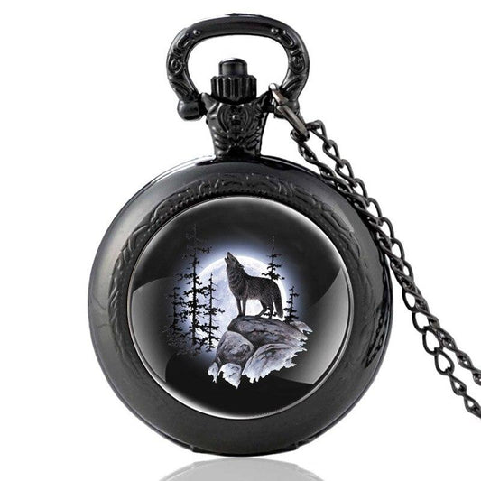 Montre à gousset viking loup hurlant à la lune noire face