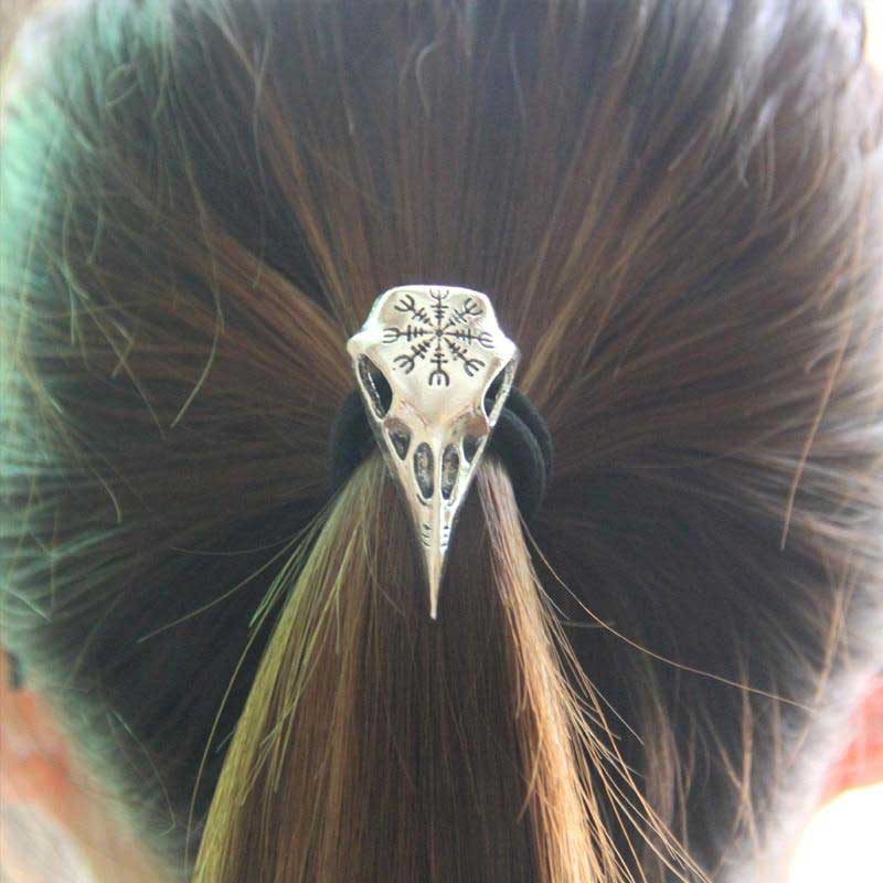 Élastique à cheveux viking Tête de Corbeau argent